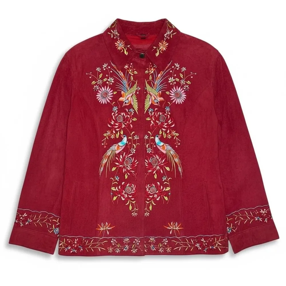 Suede Embroidered Vintage Jacket Birds Floral Leather - Picture 10 of 10